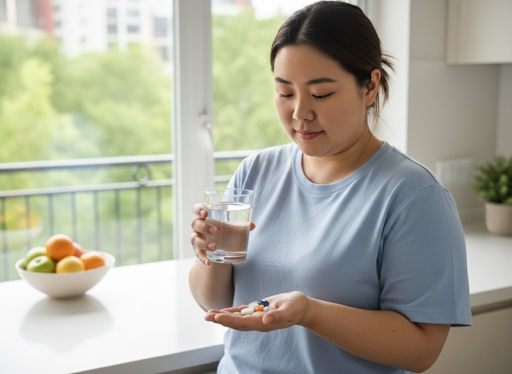 A plus size woman having pcos supplements in her hand as part of her routine with a glass of water