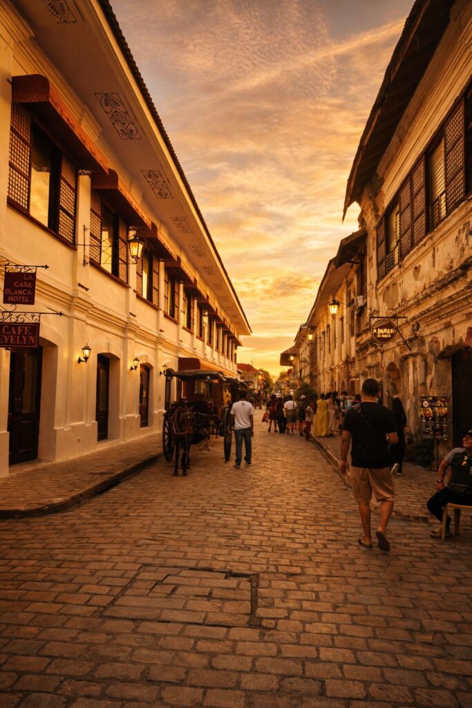 Historic street at sunset